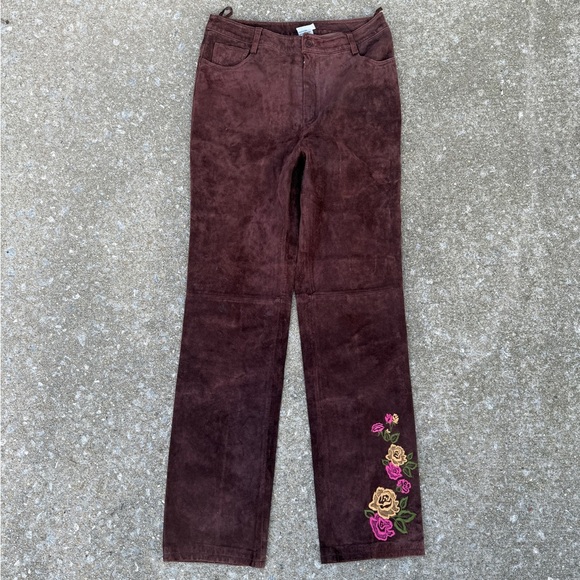 Vintage Newport News 90s Brown Leather Suede Embroidered Floral Pants Size 10 - Picture 2 of 4